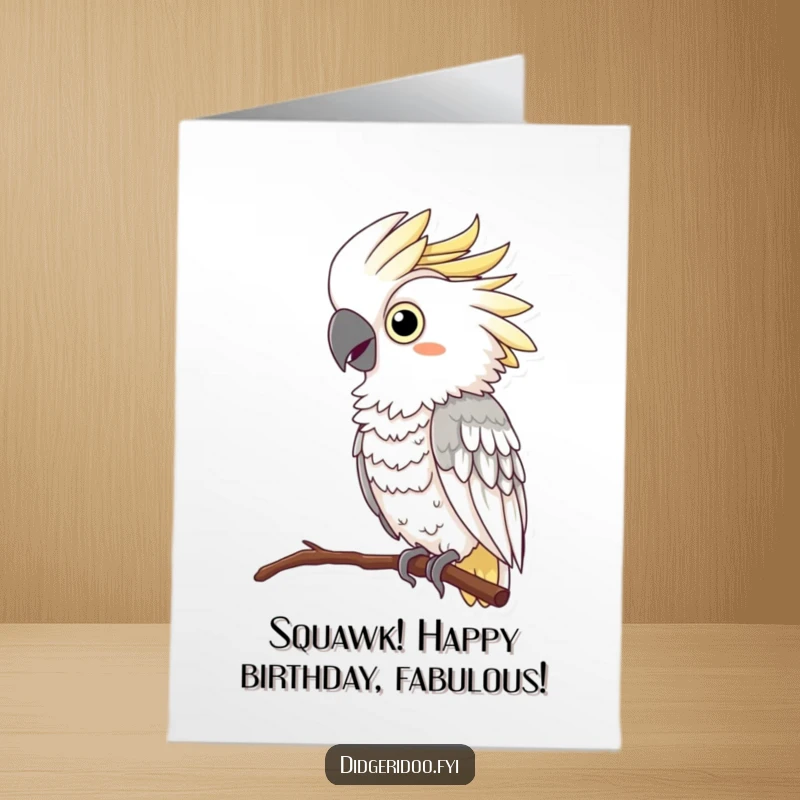 Funny Free Printable Birthday Card featuring a curious cockatoo in a feather boa, squawking merrily. Glamorous downloadable art.