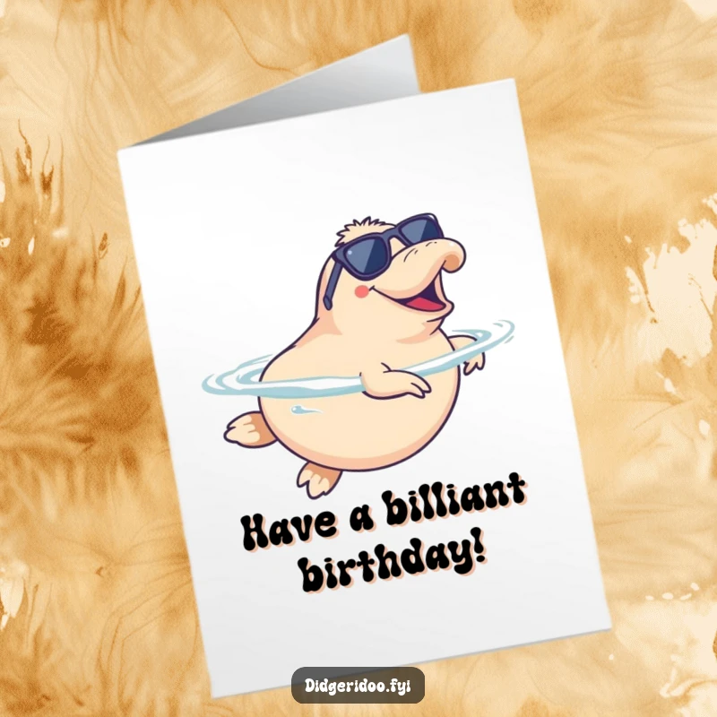Funny Free Printable Birthday Card: A platypus wearing sunglasses, doing a happy synchronized swim.