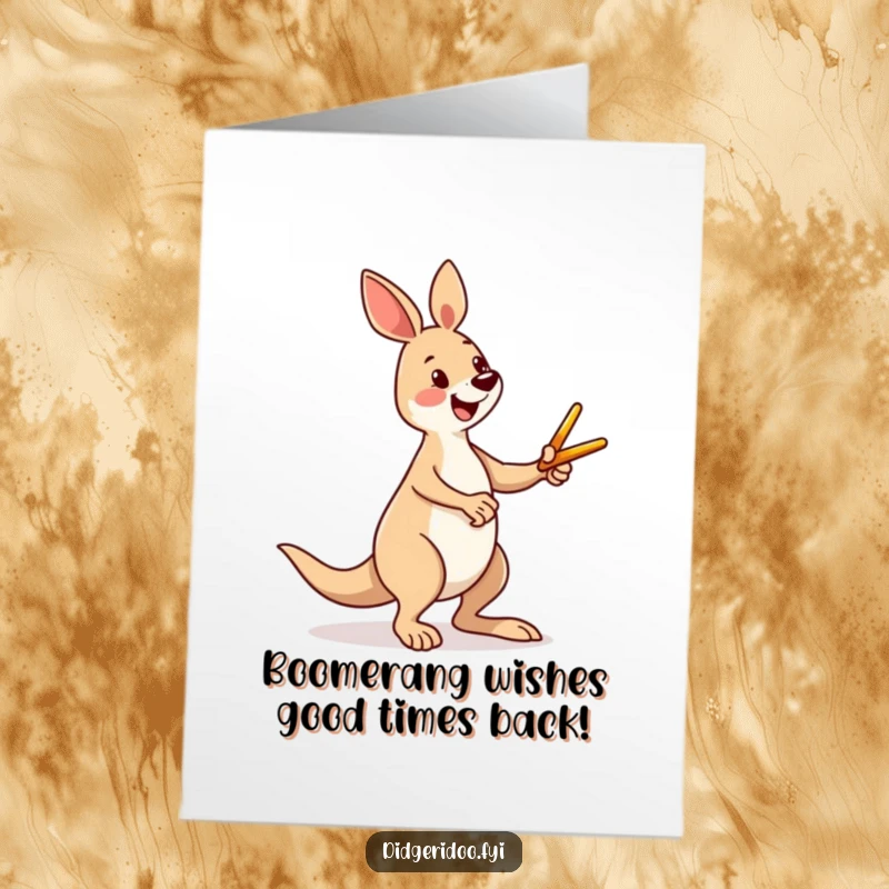 Funny Free Printable Birthday Card featuring a happy kangaroo enthusiastically kicking a tiny boomerang, ready for a laugh.