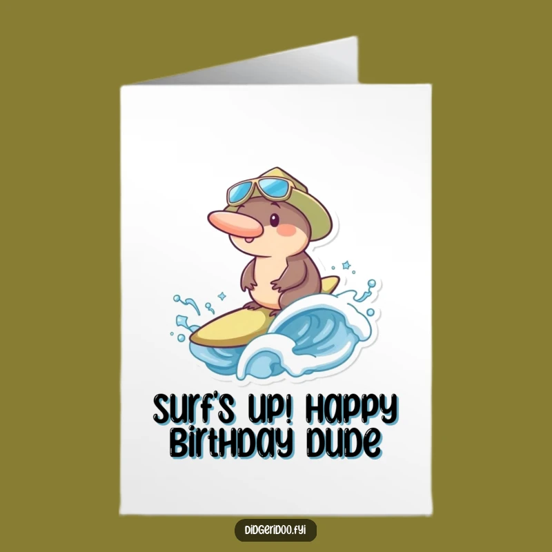 Free Printable Birthday Card: Funny Platypus Surfer Dude, Downloadable Gift for Him