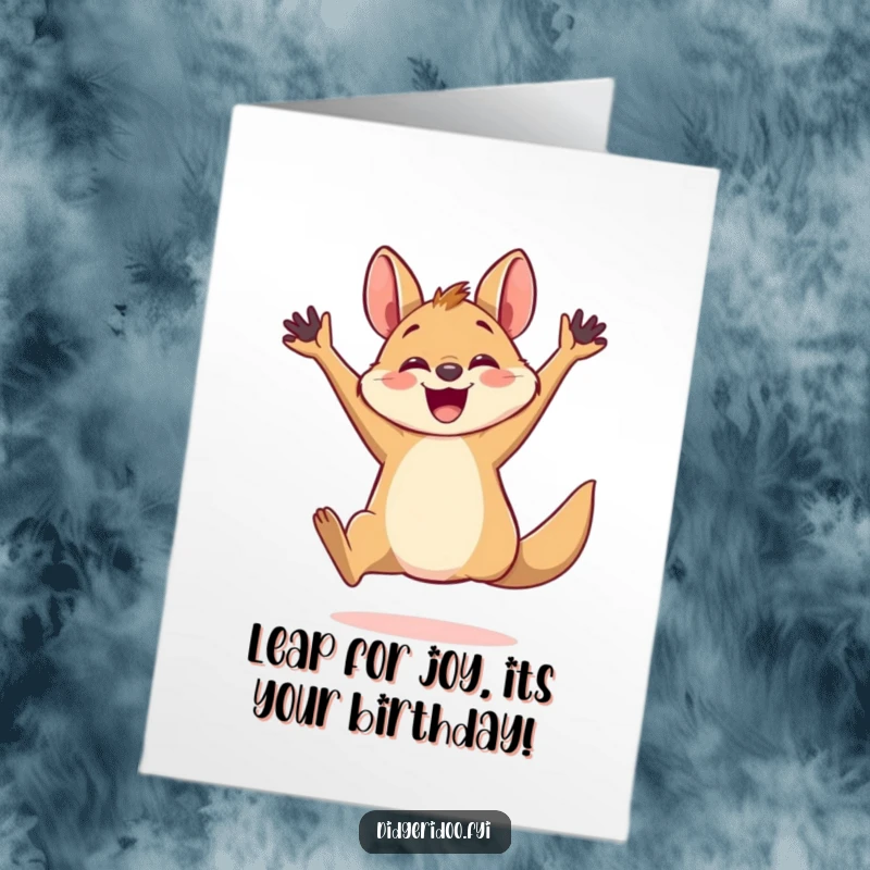 Funny Free Printable Birthday Card: A little wallaby leaping high with pure, infectious joy.
