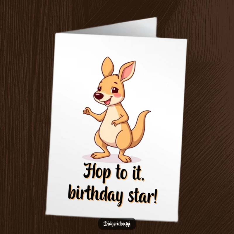 Funny free printable birthday card showing a smiling kangaroo enthusiastically performing a silly, energetic little jig.