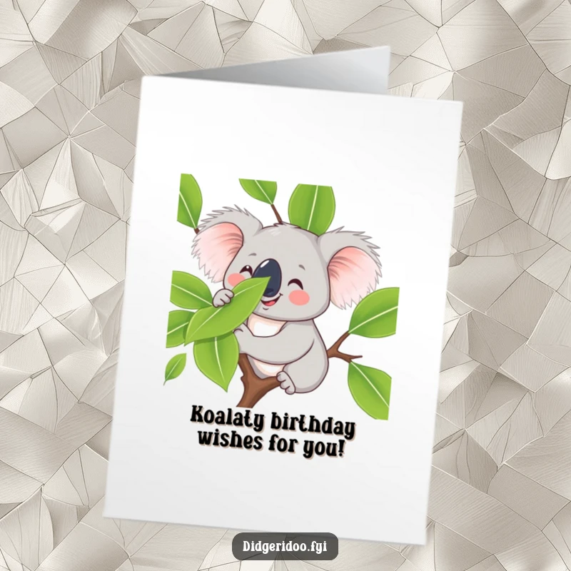 Funny Free Printable Birthday Card featuring a smiling koala playfully balancing a eucalyptus leaf on its nose, bringing gentle humor.