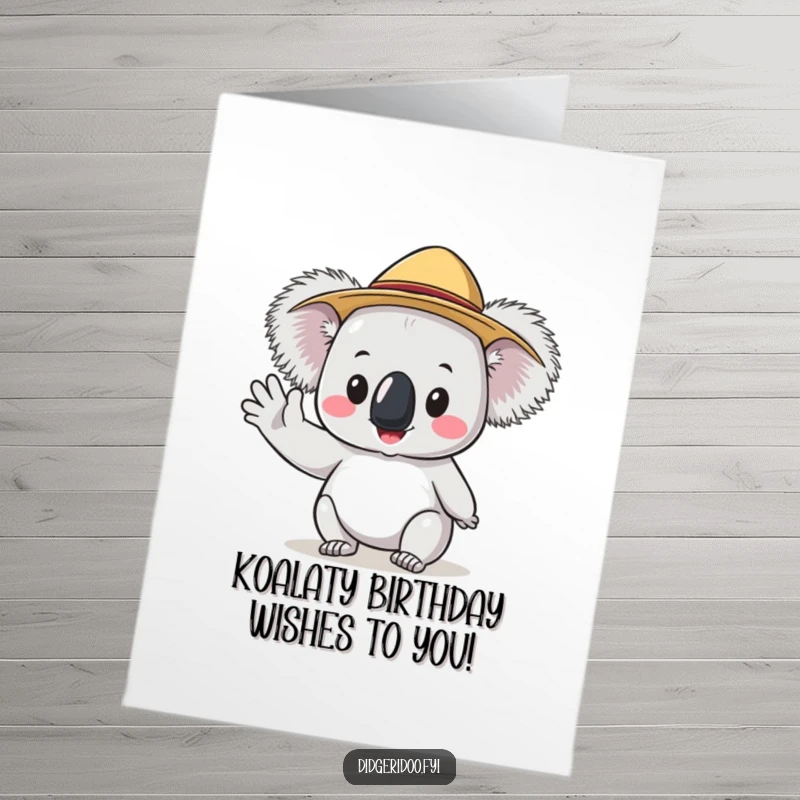 Funny Free Printable Birthday Card: A cute Koala wearing a tiny Akubra hat, cheerfully waving hello.