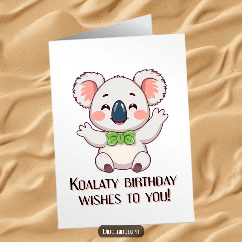 Funny Free Printable Birthday Card: Happy koala in a eucalyptus bow tie waves cheerfully.