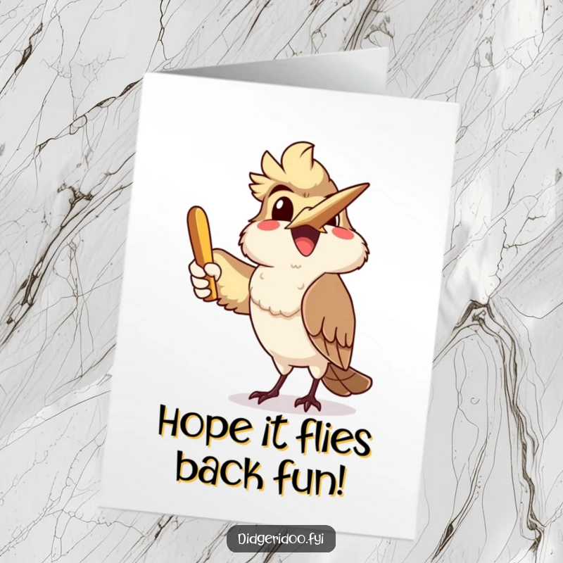 Funny Free Printable Birthday Card featuring a delighted kookaburra mid-boomerang throw, smiling wide for a joyful celebration.
