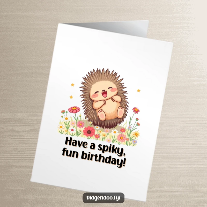 Funny free printable birthday card of a playful echidna rolling happily through a vibrant field of wildflowers, radiating joy.