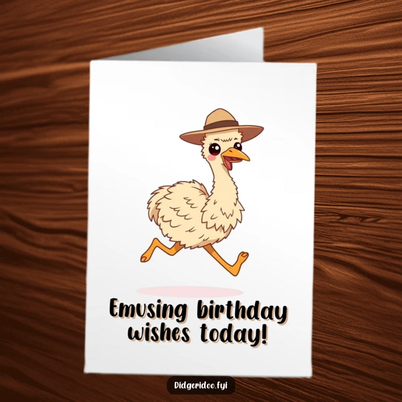 Funny Free Printable Birthday Card: Smiling Emu in Hat Running, Energetic & Joyful DIY Gift