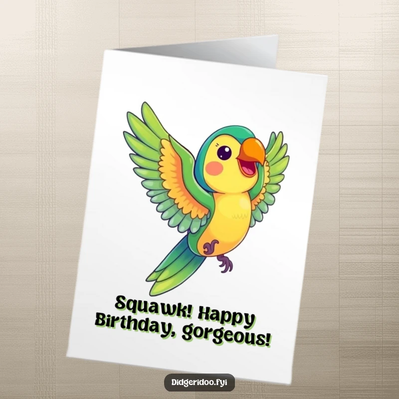 Funny Free Printable Birthday Card: A colorful parrot soaring joyfully with a big, beaming smile.