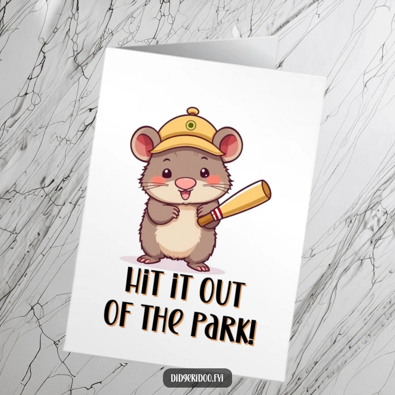 Funny Free Printable Birthday Card shows a wobbly wombat in a cricket cap enthusiastically batting a ball with all its might.