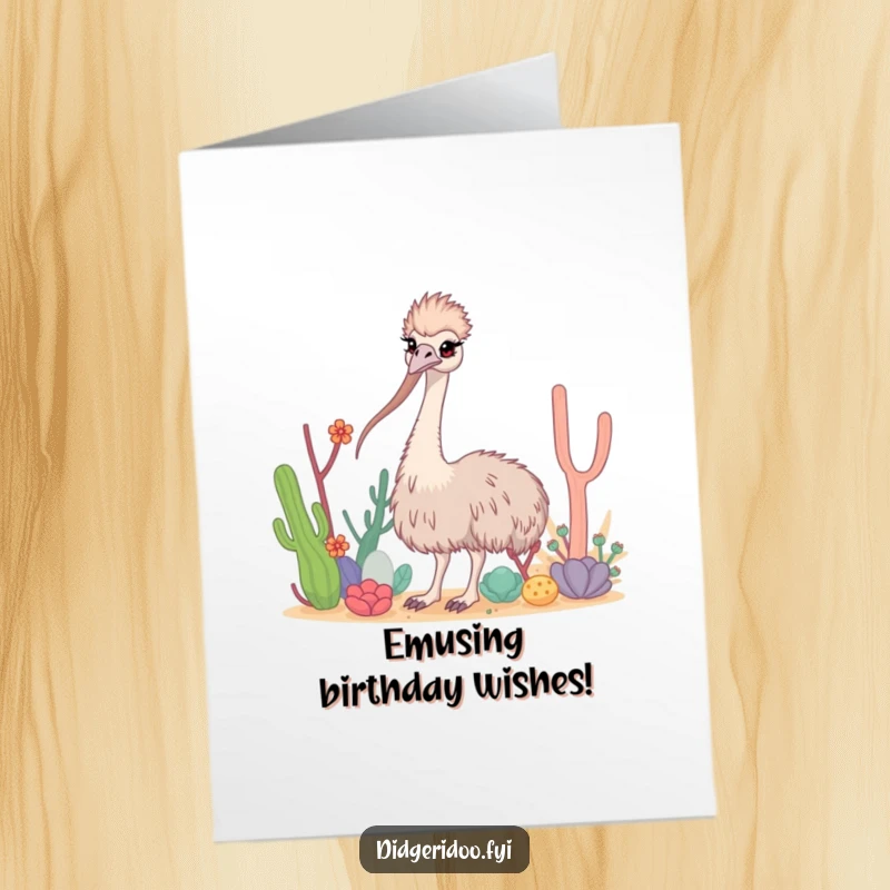 Funny Free Printable Birthday Card featuring a curious emu with long neck weaving through stylized desert flora.