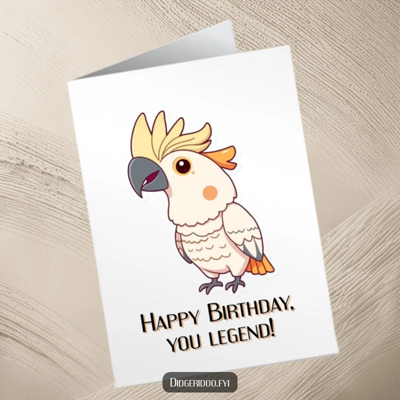 Funny Free Printable Cockatoo Birthday Card: Proud cockatoo with a bright crest, celebrating a special day.