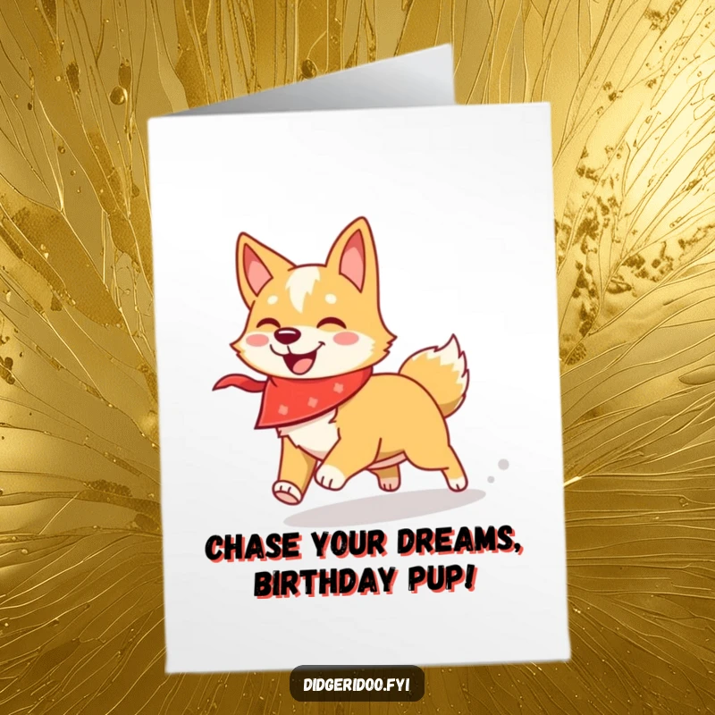 Funny Free Printable Dingo Birthday Card: Playful dog in bandana chasing its shadow with excitement.