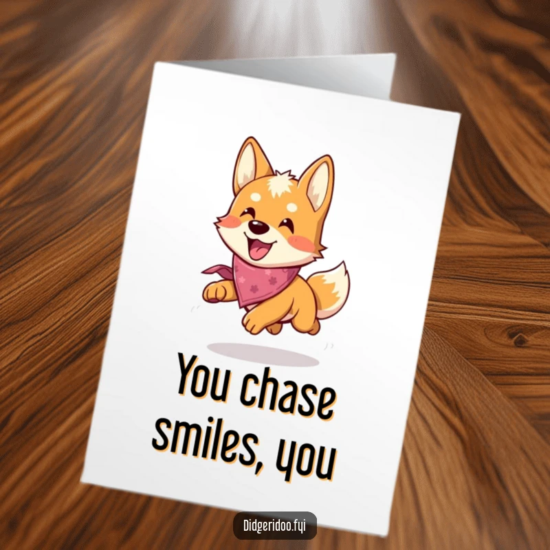 Funny Free Printable Dingo Birthday Card: Playful dingo in bandana happily chases, bringing birthday cheer. Instant downloadable gift.