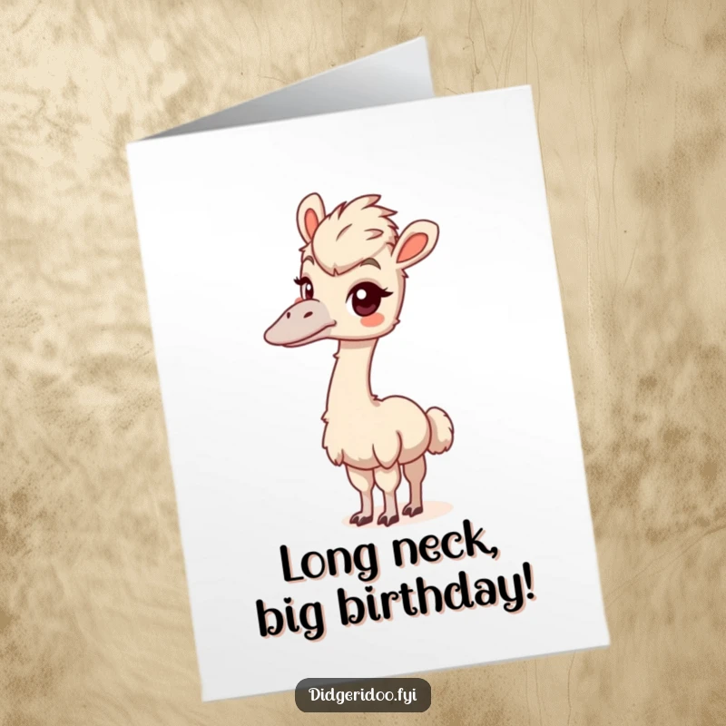 Funny Free Printable Emu Birthday Card: Playful emu stretching its long neck with a curious expression.