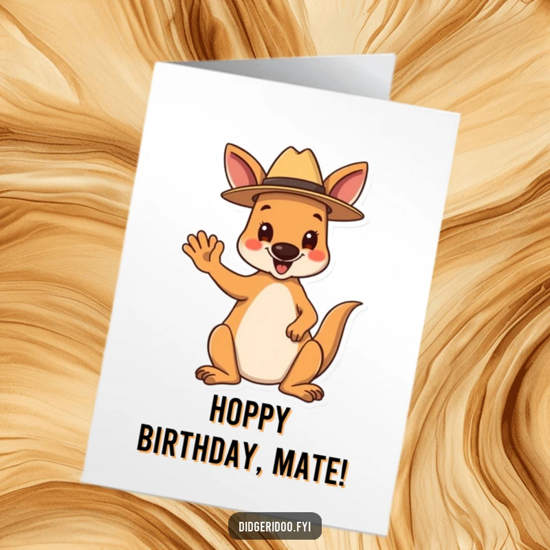 Funny Free Printable Birthday Card: A happy kangaroo sporting a tiny Akubra hat waves enthusiastically for a birthday.