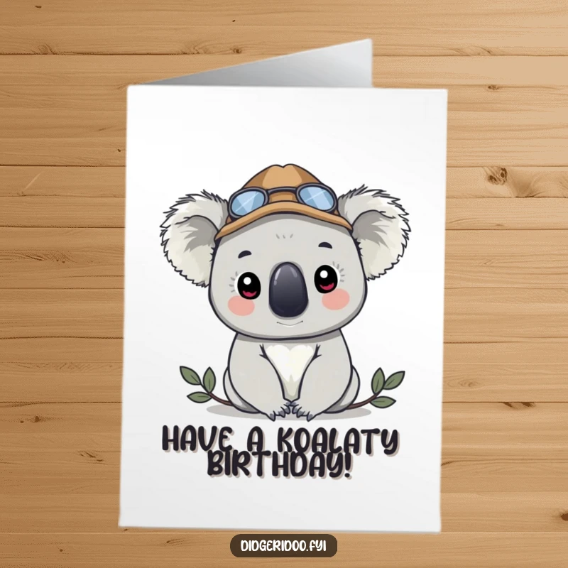 Funny free printable birthday card featuring a koala in a detective hat slyly peeking, ready for birthday investigations.