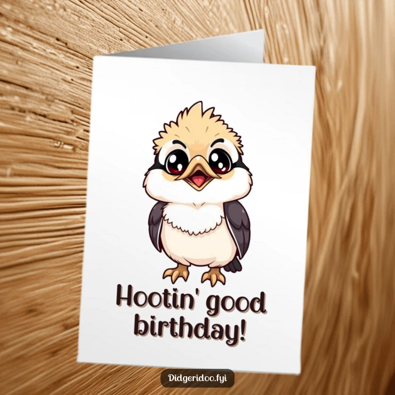 Funny Free Printable Birthday Card: A grinning kookaburra with wide eyes looks up, ready to share a laugh.