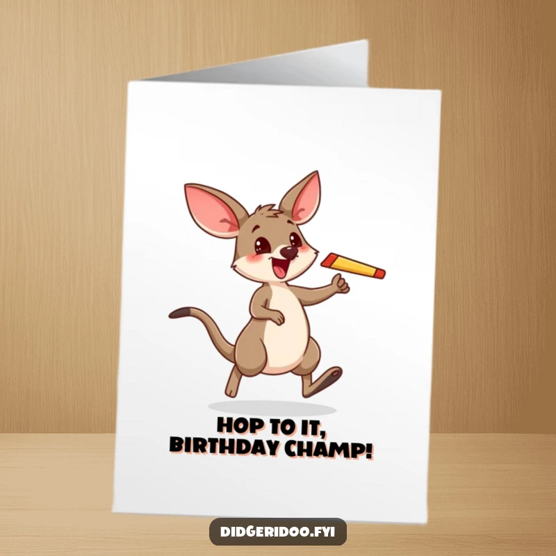 Funny Free Printable Birthday Card: Excited wallaby mid-hop with boomerang, ready to celebrate a birthday, downloadable and easy to print.