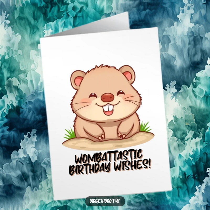 Funny Free Printable Wombat Birthday Card: Cheerful wombat happily burrowing, ready for a birthday surprise.