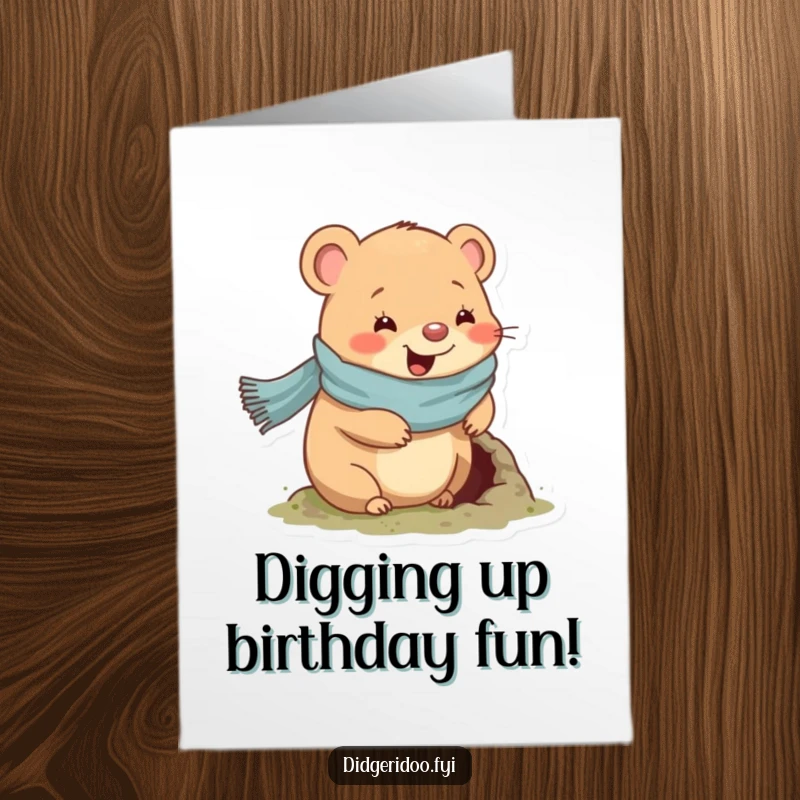 Funny Free Printable Wombat Birthday Card: Happy wombat in a scarf digs a little hole.