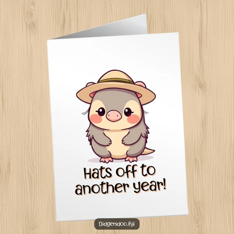 Funny Free Printable Birthday Card featuring a shy platypus character, looking cute while wearing a small, wide-brimmed hat.