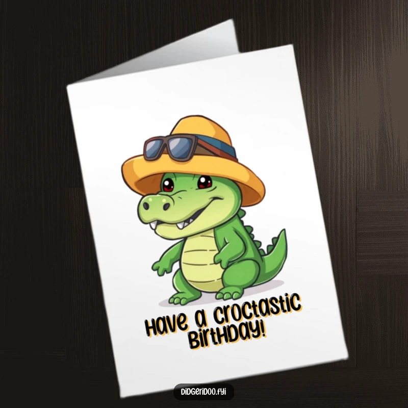 Funny Free Printable Birthday Card: Crocodile wearing a stylish hat, flashing a friendly, toothy grin, a cool downloadable.