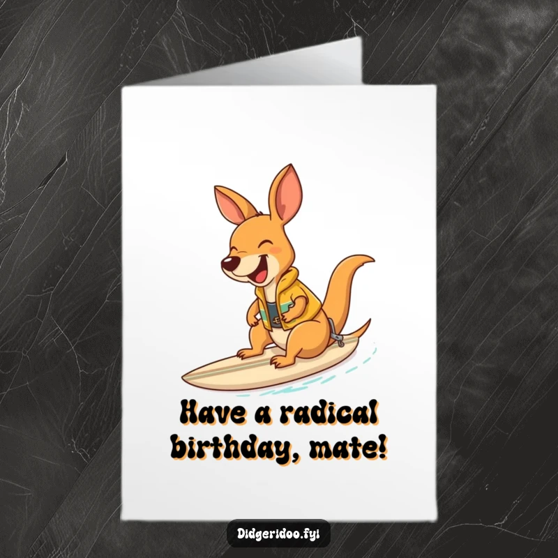 Funny Free Printable Birthday Card of a laughing kangaroo in a surf vest riding a small surfboard.