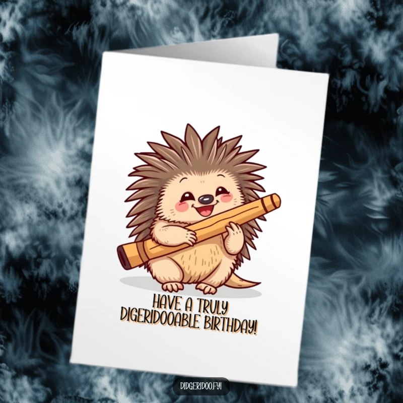 Funny free printable birthday card featuring a happy echidna playing a didgeridoo with a joyful, musical expression.