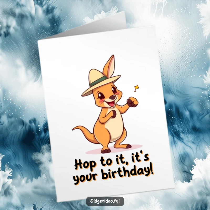 Funny Free Printable Birthday Card featuring a delighted kangaroo in an Akubra hat playfully boxing, ready to celebrate.