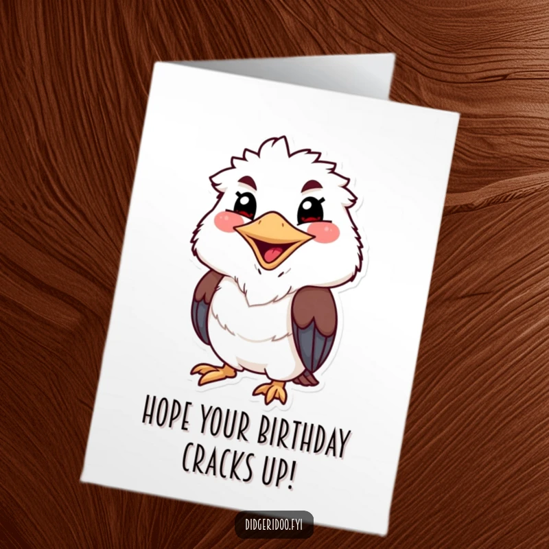 Funny Free Printable Birthday Card: a grinning kookaburra with a wide beak, about to burst into laughter.
