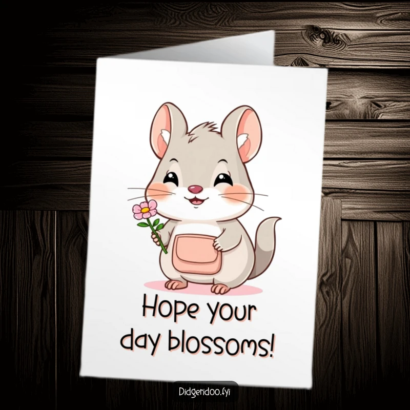 Funny Free Printable Bilby Birthday Card: Smiling bilby with pouch offers a flower for birthday. Cute downloadable card.