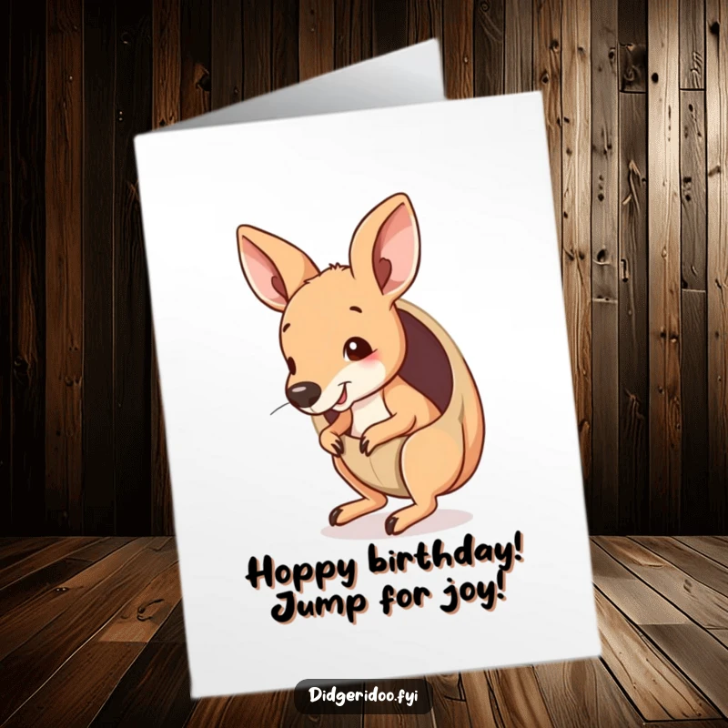 Funny Free Printable Birthday Card: A cute Kangaroo joey peeking from a pouch, playfully bouncing with excitement.