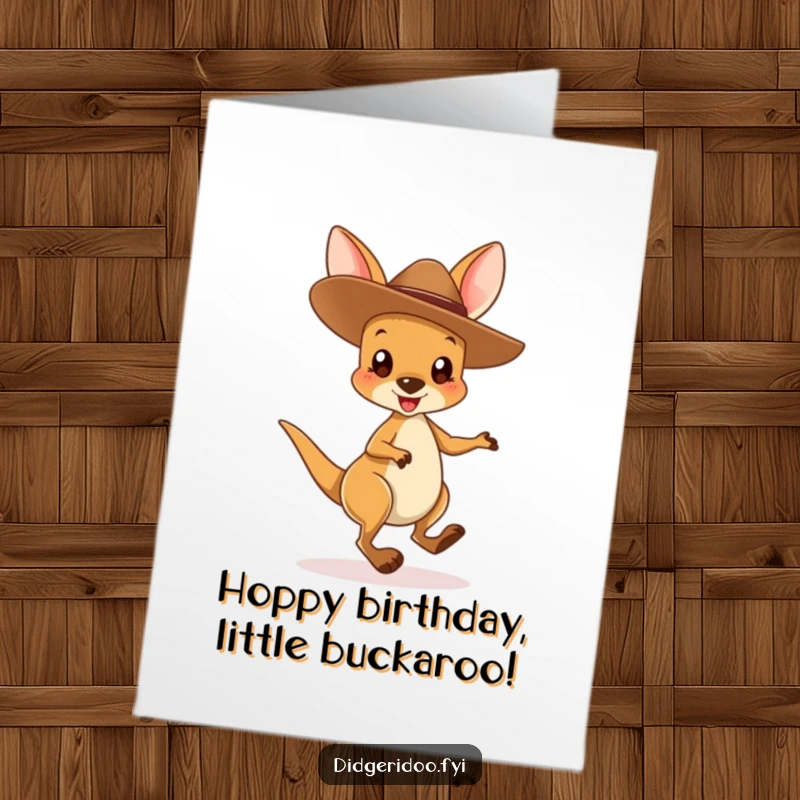 Funny Free Printable Birthday Card: A cute kangaroo joey wearing a cowboy hat hops excitedly with pure birthday joy.