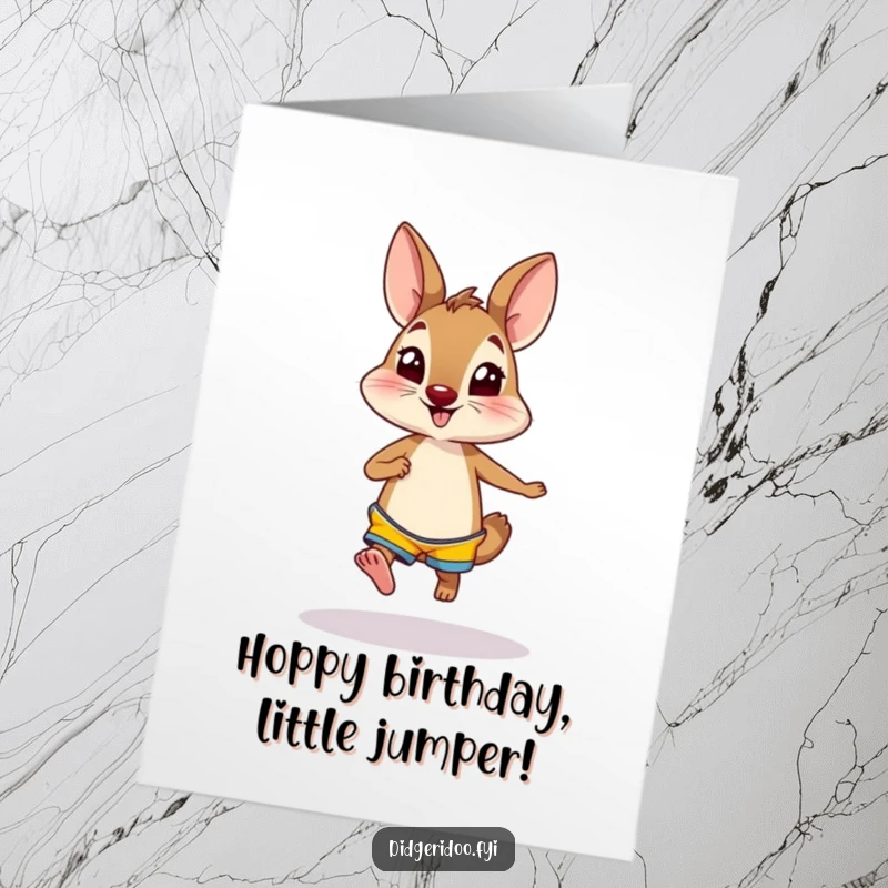 Funny Free Printable Birthday Card: Curious wallaby in bright shorts hopping excitedly.