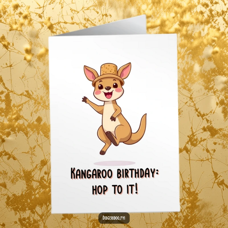 Funny Free Printable Birthday Card of a joyful kangaroo wearing a tiny cork hat, jumping high with birthday excitement.