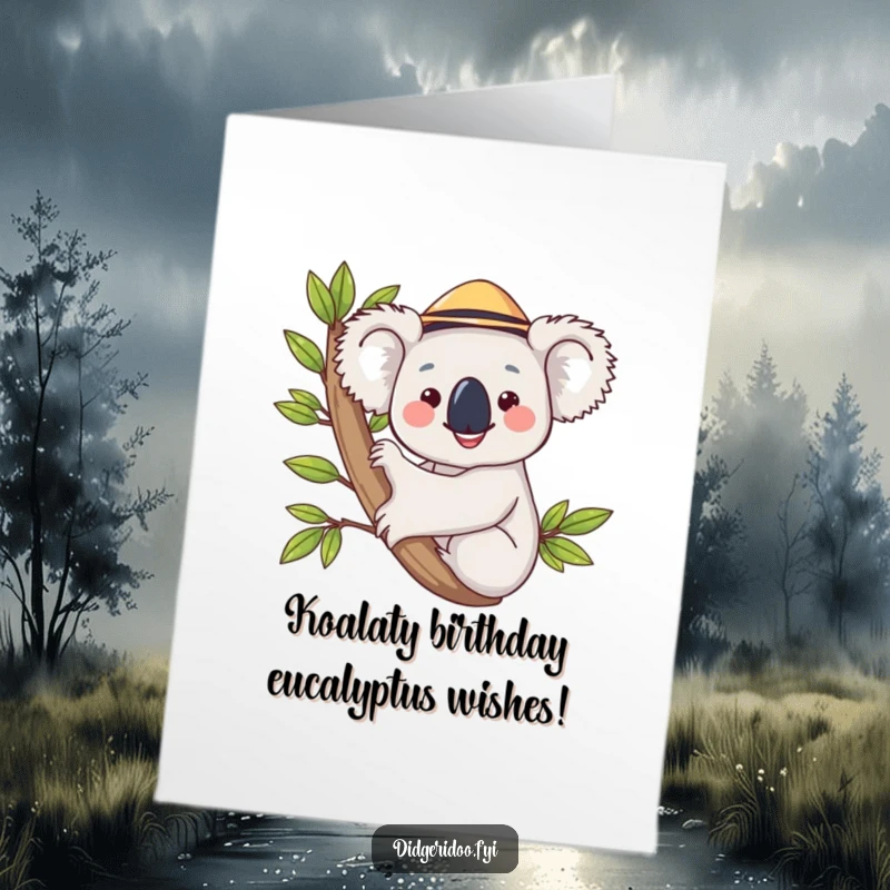 Funny Free Printable Birthday Card: Happy koala in a hat hugging a eucalyptus branch, ready to celebrate.