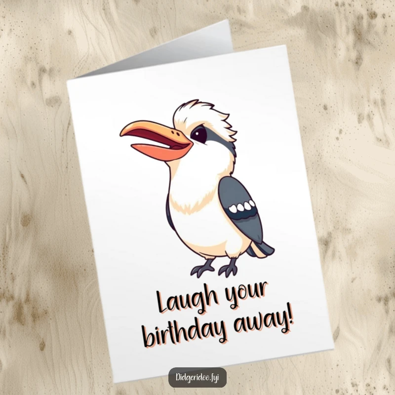 Funny Free Printable Birthday Card of a playful kookaburra caught mid-laugh with a wide, cheerful beak.