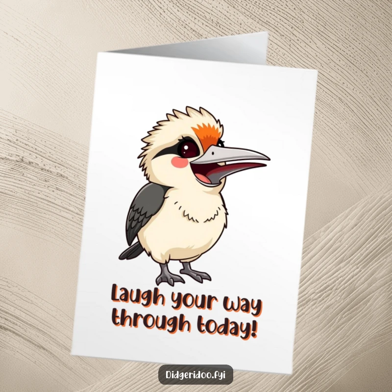 Funny Free Printable Birthday Card: Startled but smiling kookaburra lets out a joyful laugh.