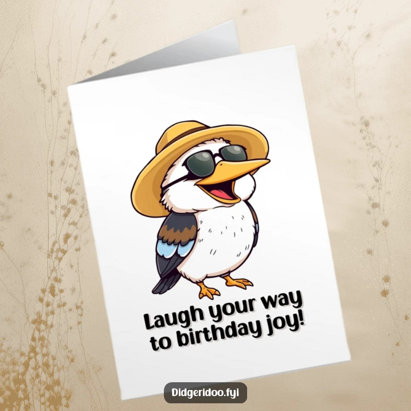 Funny Free Printable Birthday Card: Cheerful kookaburra in a sun hat laughing heartily, perfect for a joyous DIY greeting.