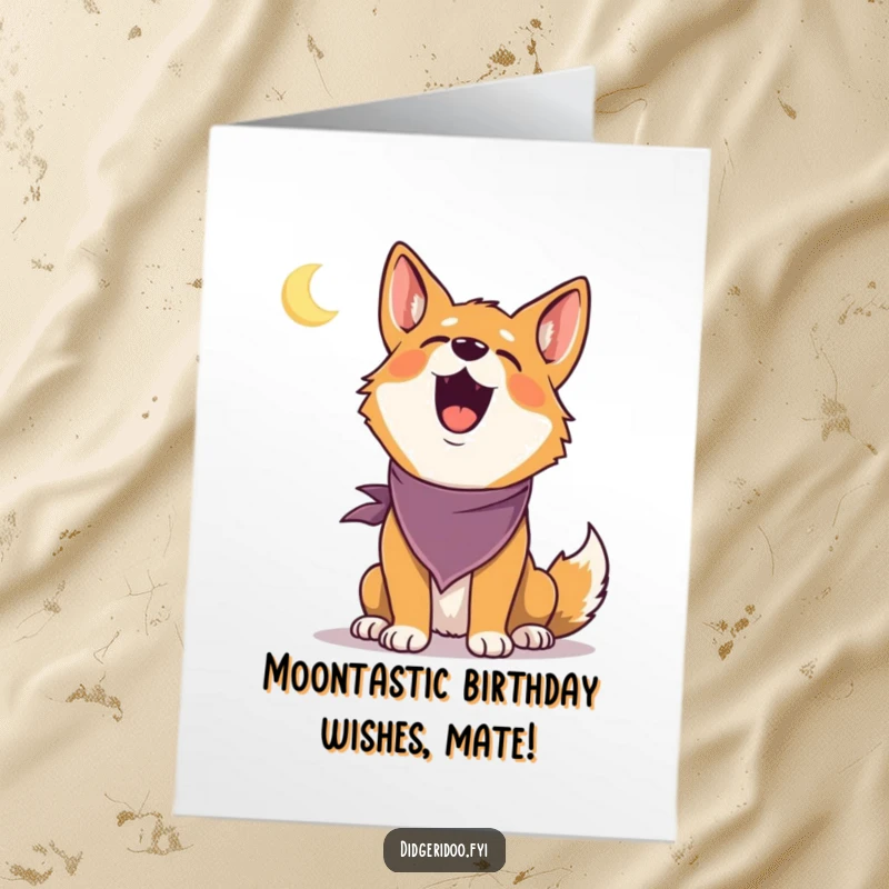 Funny Free Printable Birthday Card feat. a delighted dingo in a bandana howling at the moon. Hilarious downloadable art.