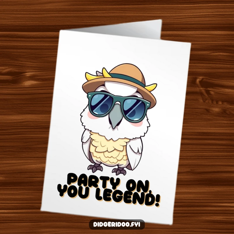 Funny free printable birthday card featuring a cheerful cockatoo wearing sunglasses and a small Akubra hat.