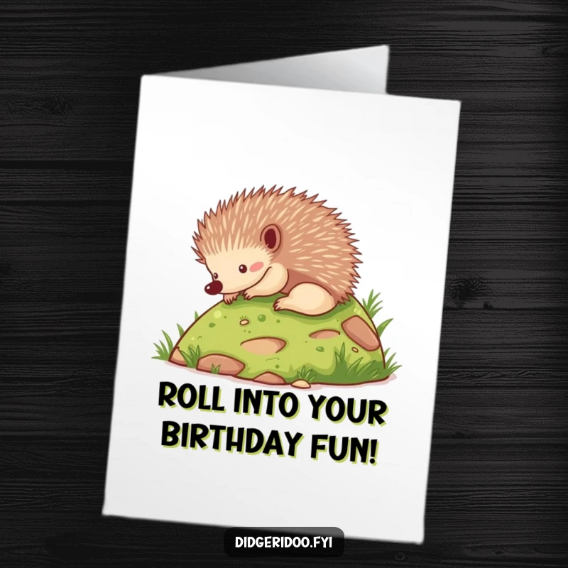 Funny Free Printable Birthday Card: A cute echidna character rolling playfully down a small grassy hill with a happy expression.