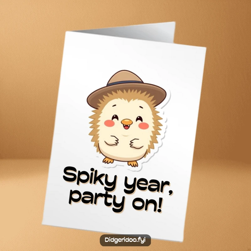 Funny Free Printable Birthday Card featuring a cheerful echidna in a tiny Akubra hat, ready to party and spread joy.