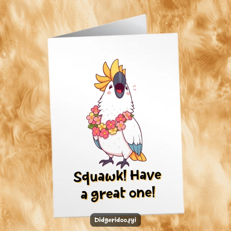 Funny Free Printable Cockatoo Birthday Card: Proud cockatoo in lei sings joyfully for birthday. Whimsical downloadable card.