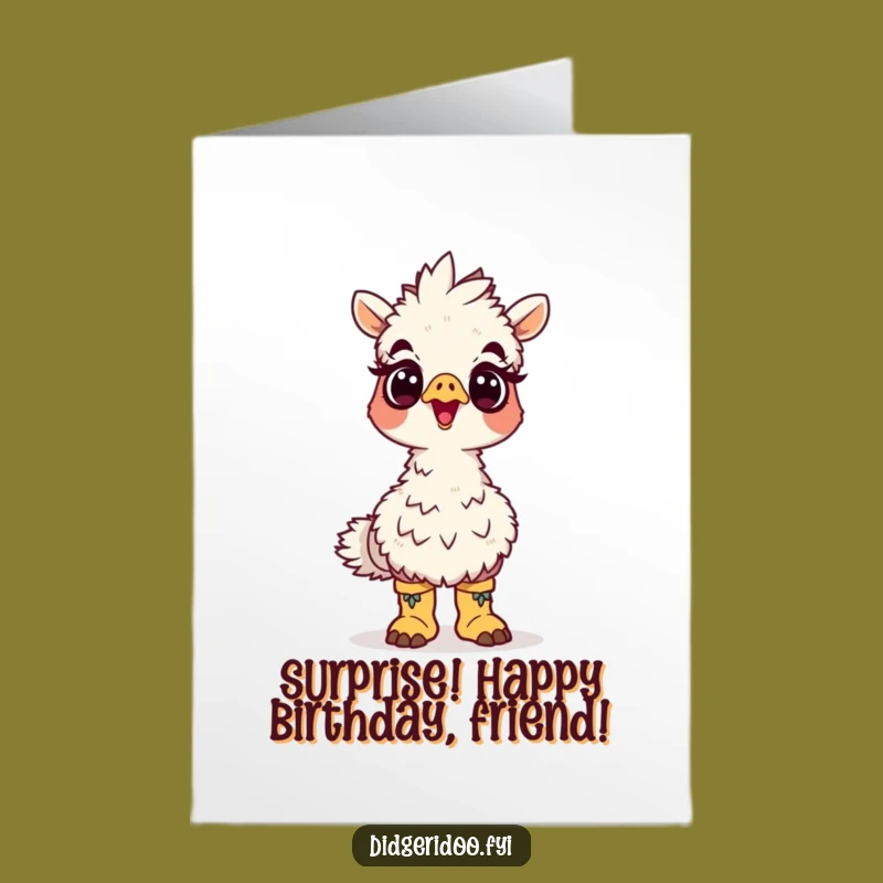 Free Printable Birthday Card: Surprised Emu in Tiny Boots Looking Up
