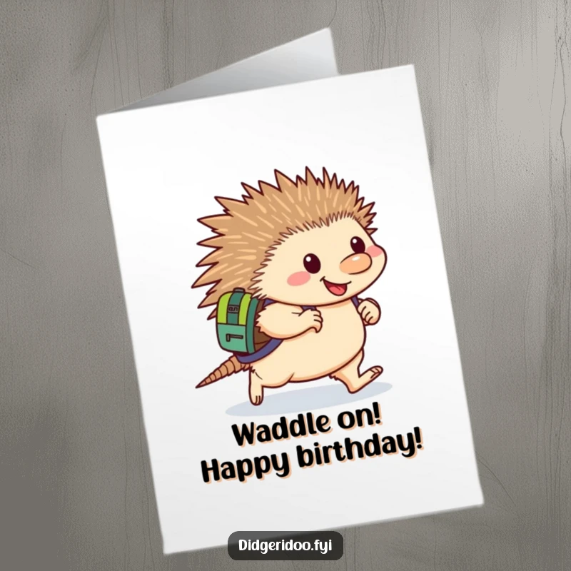 Funny Free Printable Birthday Card featuring a happy echidna with a backpack, waddling determinedly. Encouraging downloadable art.