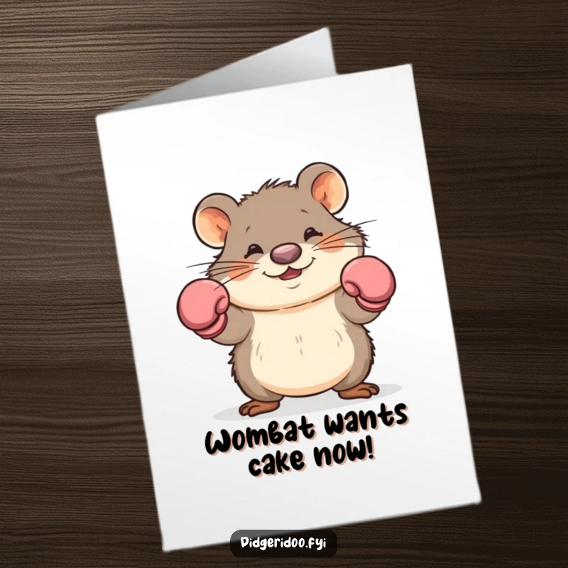 Funny Free Printable Birthday Card featuring a playful wombat in boxing gloves, comically dodging an unseen opponent.