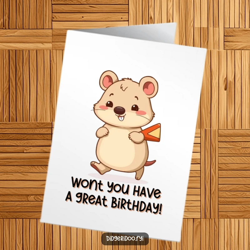 Funny Free Printable Birthday Card featuring a cheerful wombat waddling with a smile, holding a tiny boomerang. Cute downloadable art.