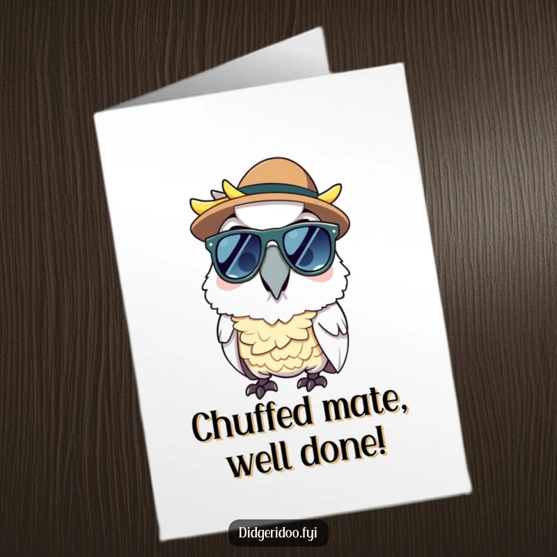Funny free printable congratulations card of a cheerful cockatoo sporting sunglasses and an Akubra.